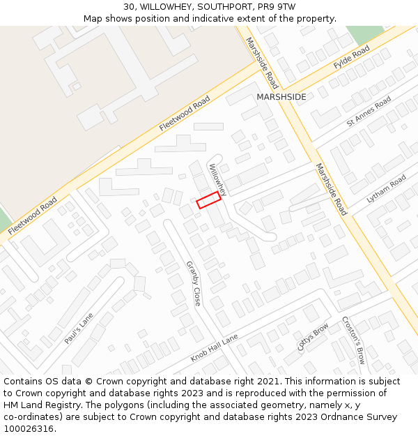 30, WILLOWHEY, SOUTHPORT, PR9 9TW: Location map and indicative extent of plot