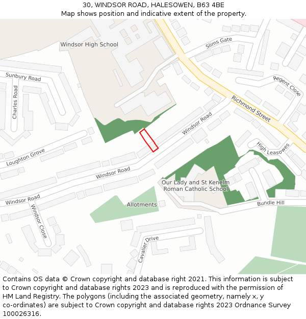30, WINDSOR ROAD, HALESOWEN, B63 4BE: Location map and indicative extent of plot