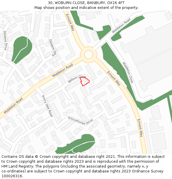 30, WOBURN CLOSE, BANBURY, OX16 4FT: Location map and indicative extent of plot