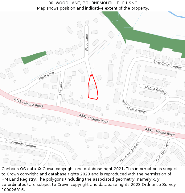 30, WOOD LANE, BOURNEMOUTH, BH11 9NG: Location map and indicative extent of plot