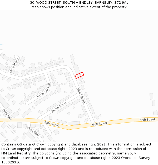 30, WOOD STREET, SOUTH HIENDLEY, BARNSLEY, S72 9AL: Location map and indicative extent of plot