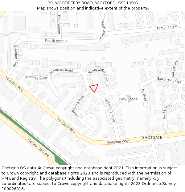 30, WOODBERRY ROAD, WICKFORD, SS11 8XG: Location map and indicative extent of plot