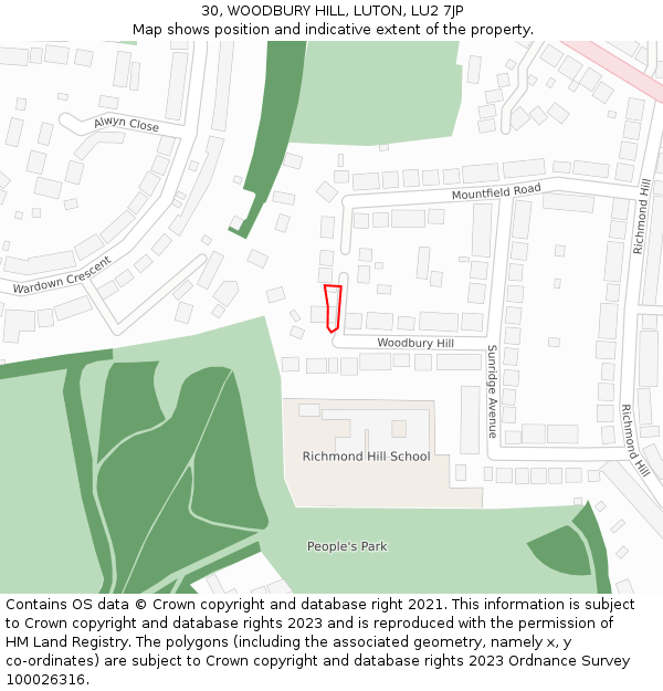 30, WOODBURY HILL, LUTON, LU2 7JP: Location map and indicative extent of plot
