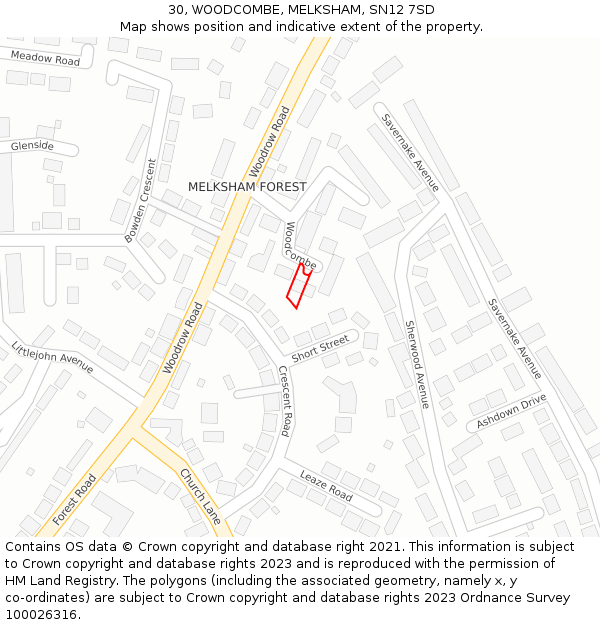 30, WOODCOMBE, MELKSHAM, SN12 7SD: Location map and indicative extent of plot