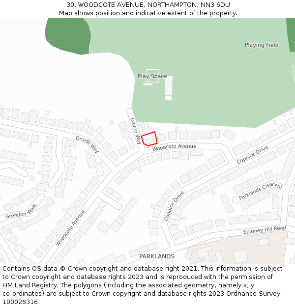 30, WOODCOTE AVENUE, NORTHAMPTON, NN3 6DU: Location map and indicative extent of plot