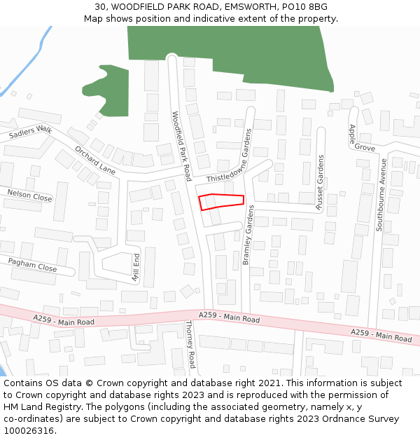 30, WOODFIELD PARK ROAD, EMSWORTH, PO10 8BG: Location map and indicative extent of plot