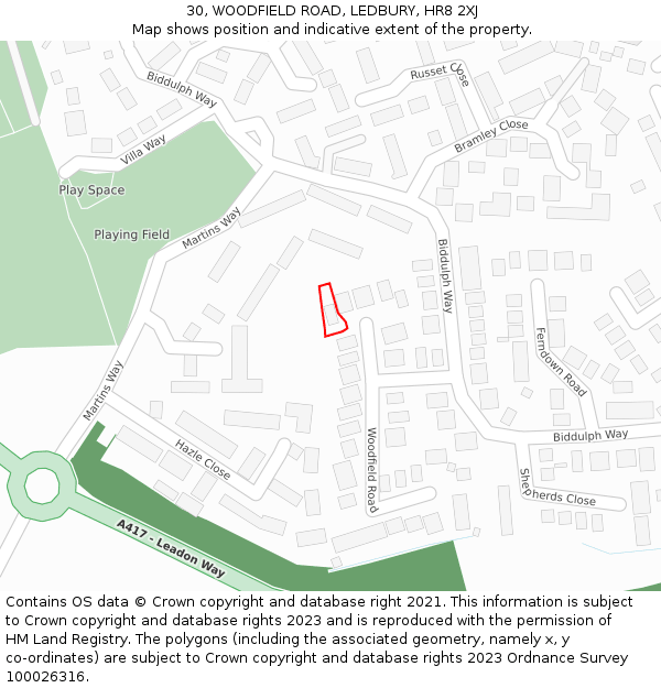 30, WOODFIELD ROAD, LEDBURY, HR8 2XJ: Location map and indicative extent of plot