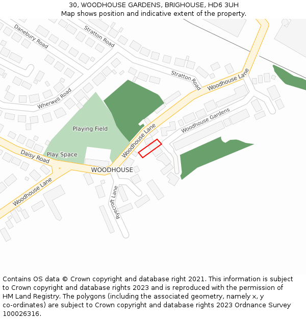 30, WOODHOUSE GARDENS, BRIGHOUSE, HD6 3UH: Location map and indicative extent of plot