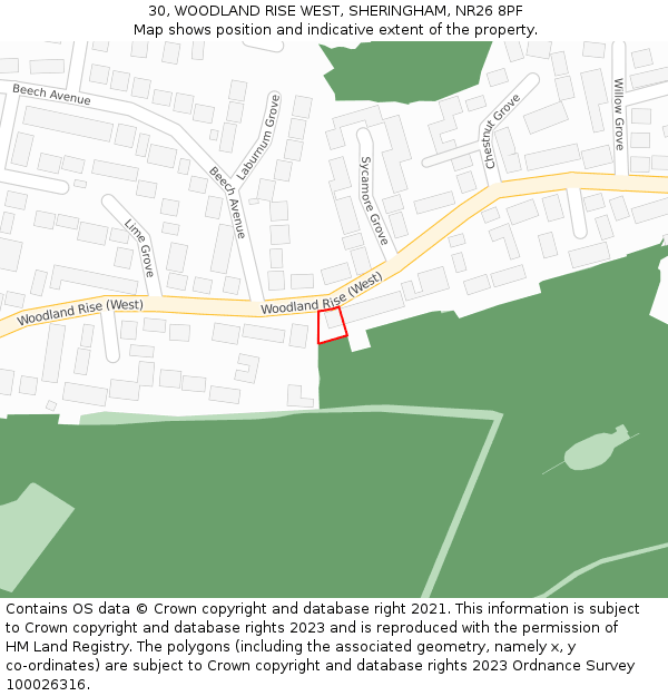 30, WOODLAND RISE WEST, SHERINGHAM, NR26 8PF: Location map and indicative extent of plot