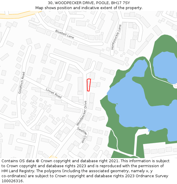 30, WOODPECKER DRIVE, POOLE, BH17 7SY: Location map and indicative extent of plot