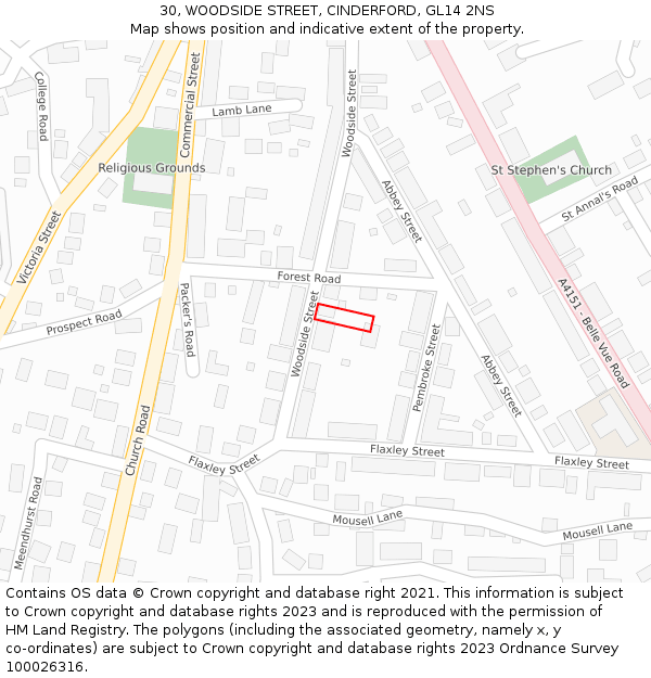 30, WOODSIDE STREET, CINDERFORD, GL14 2NS: Location map and indicative extent of plot