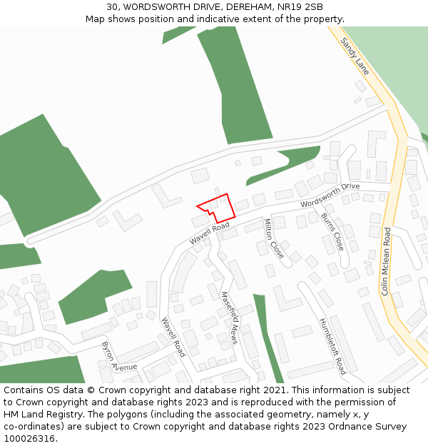 30, WORDSWORTH DRIVE, DEREHAM, NR19 2SB: Location map and indicative extent of plot