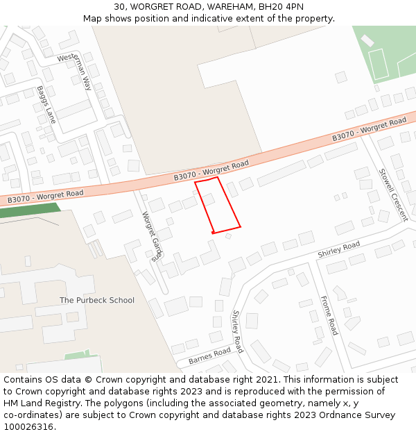 30, WORGRET ROAD, WAREHAM, BH20 4PN: Location map and indicative extent of plot