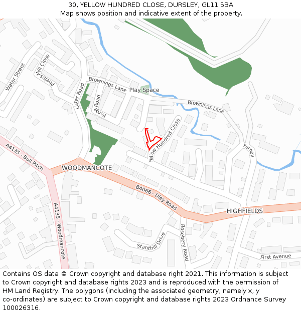 30, YELLOW HUNDRED CLOSE, DURSLEY, GL11 5BA: Location map and indicative extent of plot