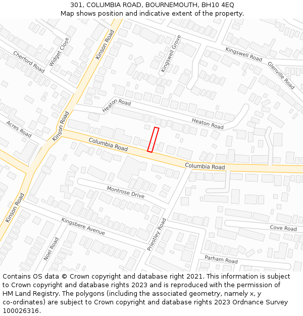 301, COLUMBIA ROAD, BOURNEMOUTH, BH10 4EQ: Location map and indicative extent of plot