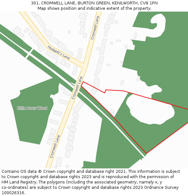 301, CROMWELL LANE, BURTON GREEN, KENILWORTH, CV8 1PN: Location map and indicative extent of plot