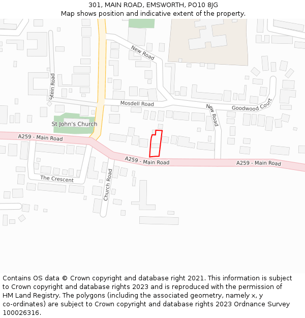 301, MAIN ROAD, EMSWORTH, PO10 8JG: Location map and indicative extent of plot