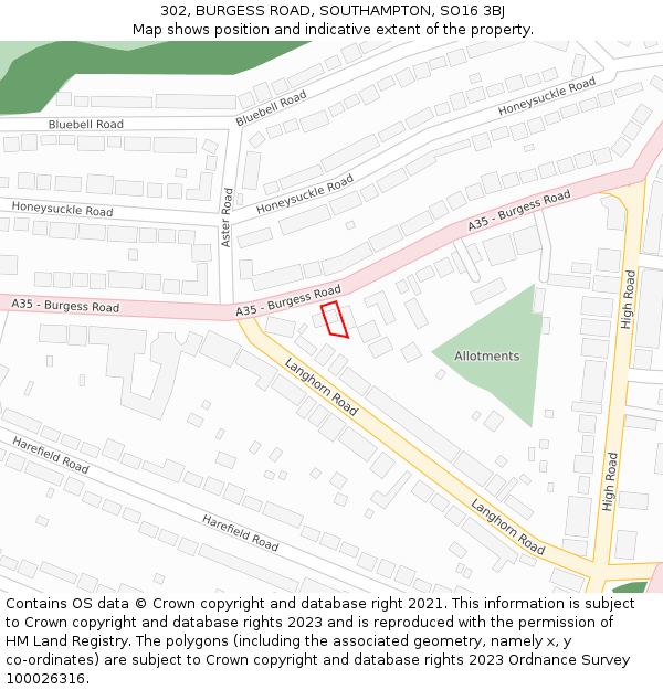 302, BURGESS ROAD, SOUTHAMPTON, SO16 3BJ: Location map and indicative extent of plot