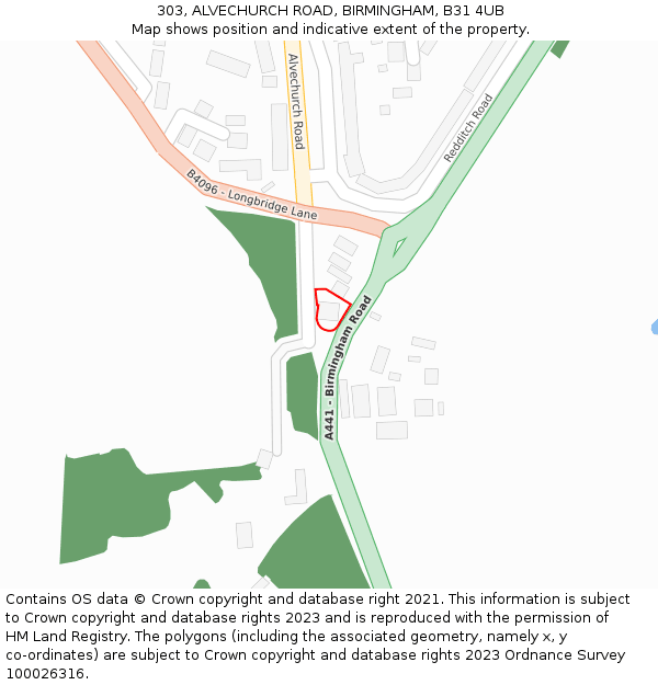 303, ALVECHURCH ROAD, BIRMINGHAM, B31 4UB: Location map and indicative extent of plot