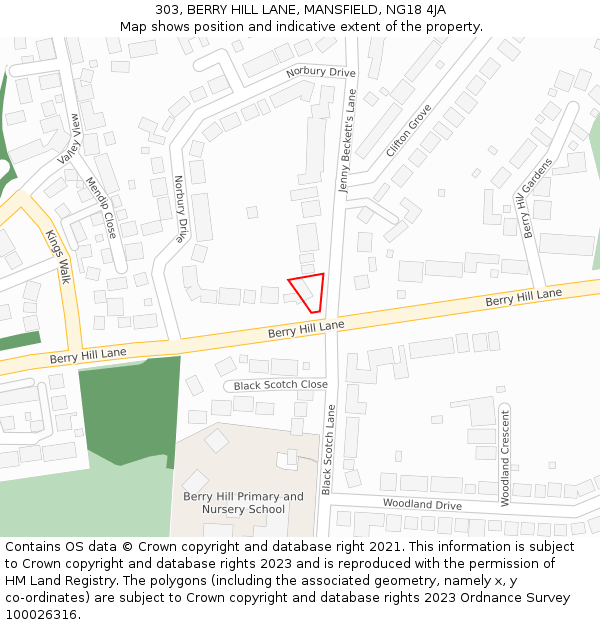 303, BERRY HILL LANE, MANSFIELD, NG18 4JA: Location map and indicative extent of plot