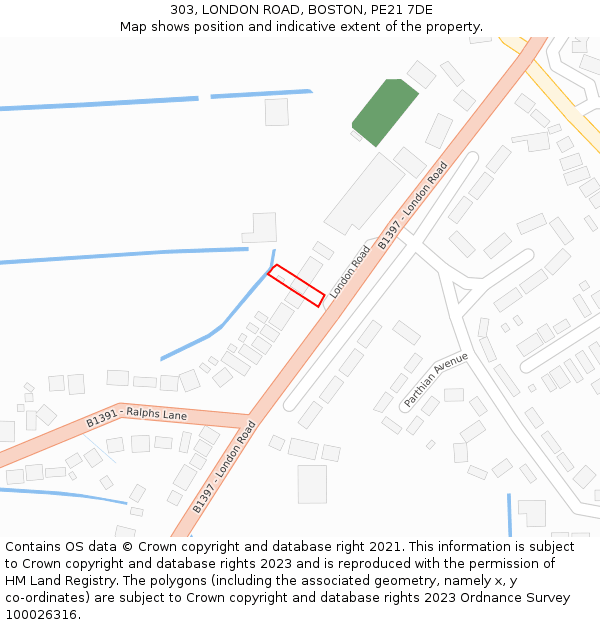 303, LONDON ROAD, BOSTON, PE21 7DE: Location map and indicative extent of plot