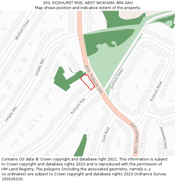 303, PICKHURST RISE, WEST WICKHAM, BR4 0AH: Location map and indicative extent of plot