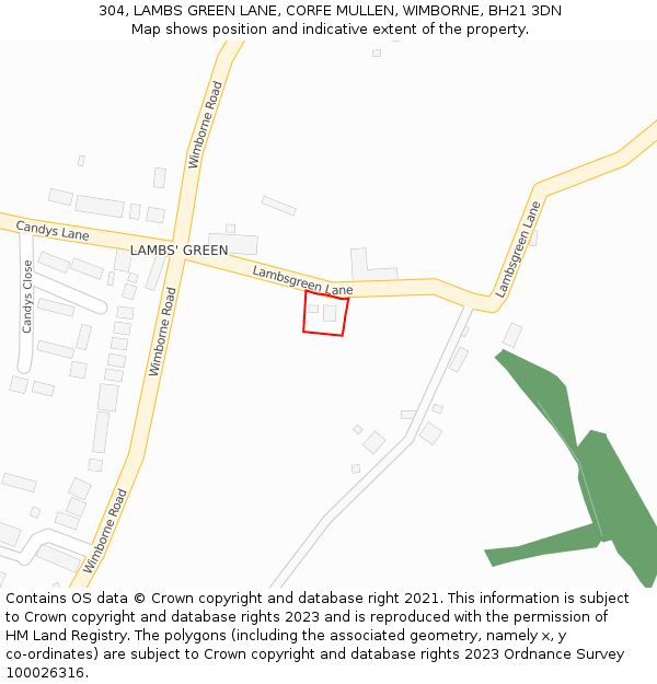 304, LAMBS GREEN LANE, CORFE MULLEN, WIMBORNE, BH21 3DN: Location map and indicative extent of plot