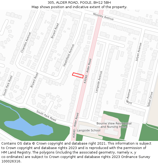 305, ALDER ROAD, POOLE, BH12 5BH: Location map and indicative extent of plot