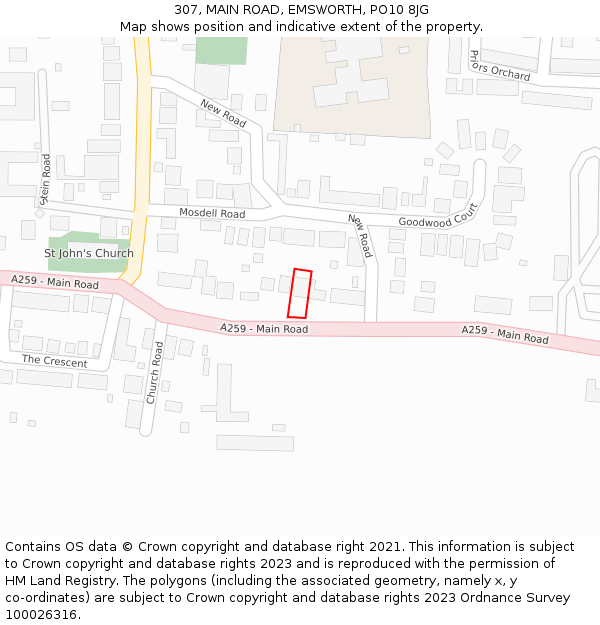 307, MAIN ROAD, EMSWORTH, PO10 8JG: Location map and indicative extent of plot