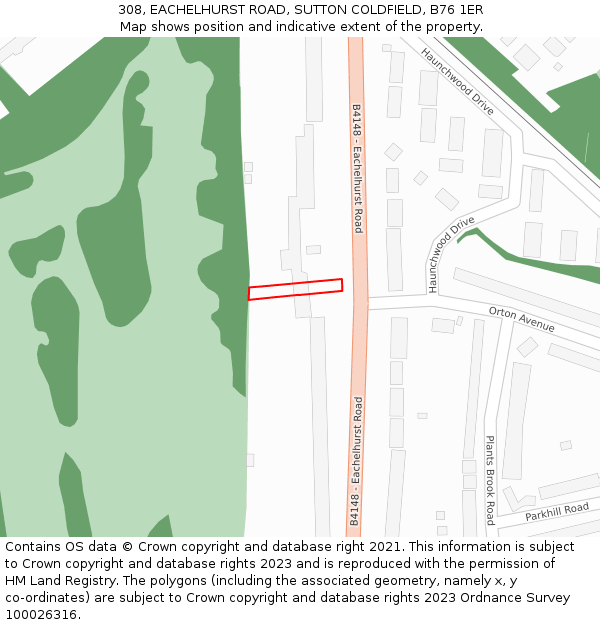 308, EACHELHURST ROAD, SUTTON COLDFIELD, B76 1ER: Location map and indicative extent of plot