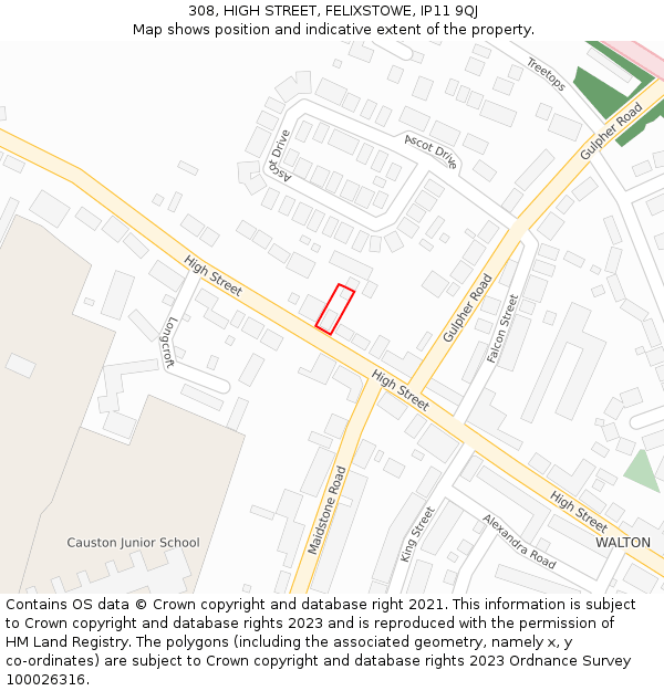 308, HIGH STREET, FELIXSTOWE, IP11 9QJ: Location map and indicative extent of plot