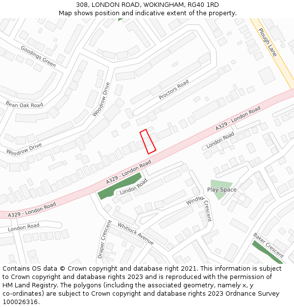 308, LONDON ROAD, WOKINGHAM, RG40 1RD: Location map and indicative extent of plot