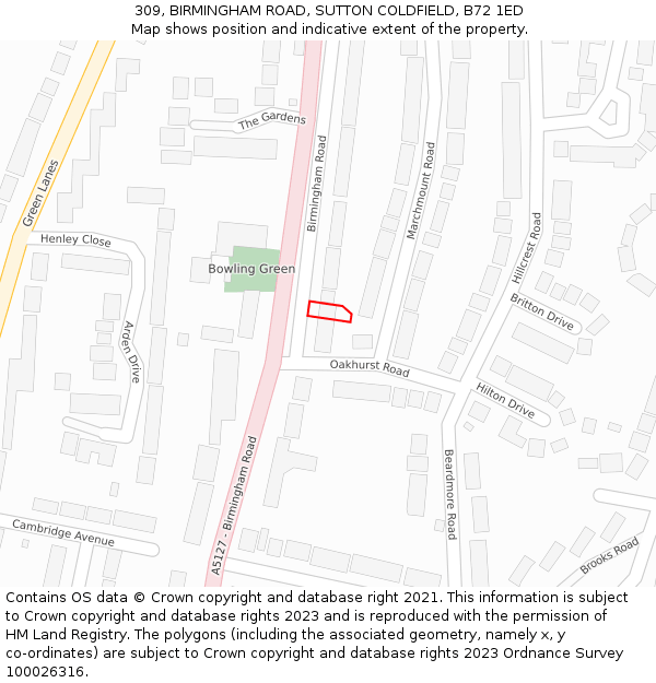 309, BIRMINGHAM ROAD, SUTTON COLDFIELD, B72 1ED: Location map and indicative extent of plot