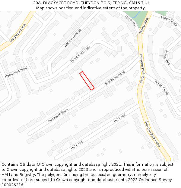 30A, BLACKACRE ROAD, THEYDON BOIS, EPPING, CM16 7LU: Location map and indicative extent of plot