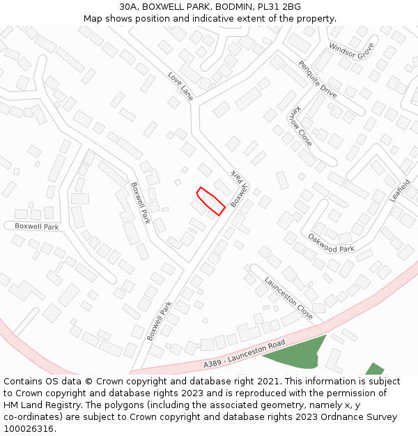 30A, BOXWELL PARK, BODMIN, PL31 2BG: Location map and indicative extent of plot