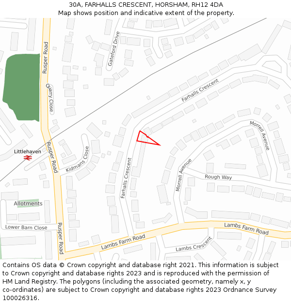 30A, FARHALLS CRESCENT, HORSHAM, RH12 4DA: Location map and indicative extent of plot