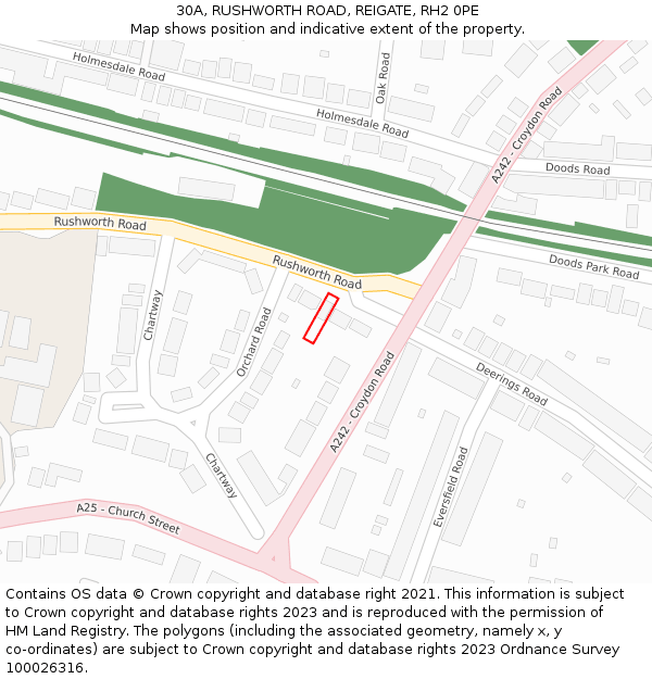 30A, RUSHWORTH ROAD, REIGATE, RH2 0PE: Location map and indicative extent of plot