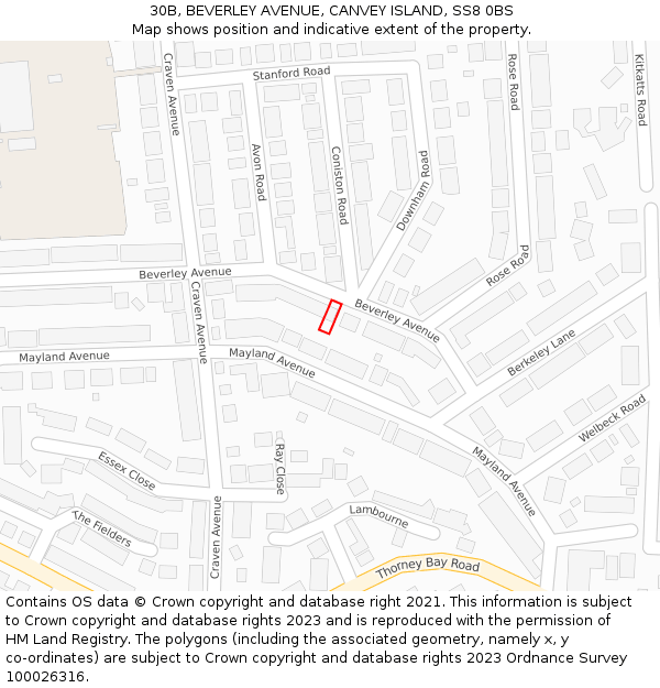 30B, BEVERLEY AVENUE, CANVEY ISLAND, SS8 0BS: Location map and indicative extent of plot