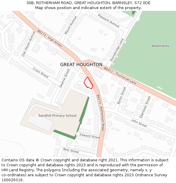 30B, ROTHERHAM ROAD, GREAT HOUGHTON, BARNSLEY, S72 0DE: Location map and indicative extent of plot