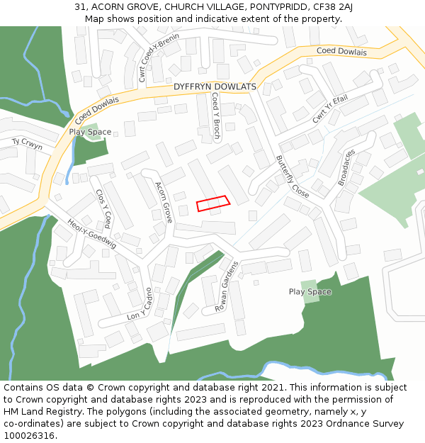 31, ACORN GROVE, CHURCH VILLAGE, PONTYPRIDD, CF38 2AJ: Location map and indicative extent of plot