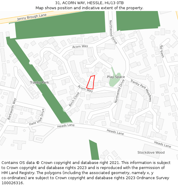 31, ACORN WAY, HESSLE, HU13 0TB: Location map and indicative extent of plot