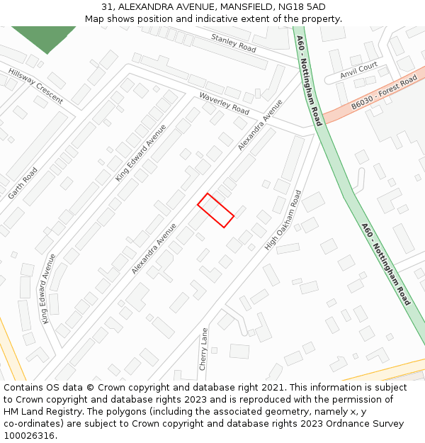 31, ALEXANDRA AVENUE, MANSFIELD, NG18 5AD: Location map and indicative extent of plot