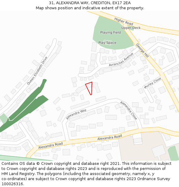 31, ALEXANDRA WAY, CREDITON, EX17 2EA: Location map and indicative extent of plot