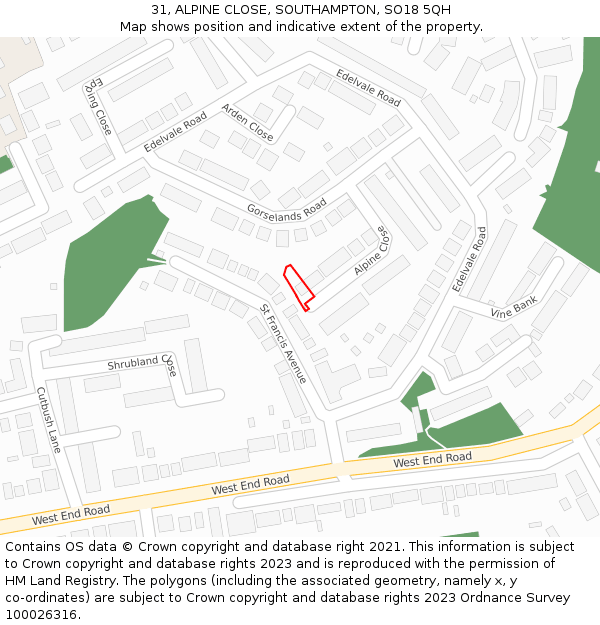 31, ALPINE CLOSE, SOUTHAMPTON, SO18 5QH: Location map and indicative extent of plot