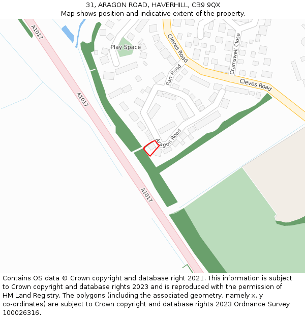 31, ARAGON ROAD, HAVERHILL, CB9 9QX: Location map and indicative extent of plot