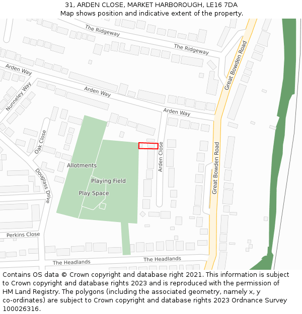 31, ARDEN CLOSE, MARKET HARBOROUGH, LE16 7DA: Location map and indicative extent of plot