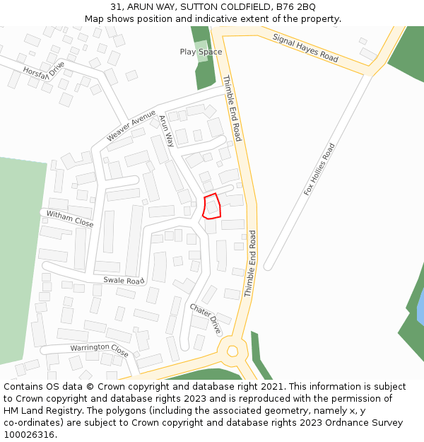 31, ARUN WAY, SUTTON COLDFIELD, B76 2BQ: Location map and indicative extent of plot