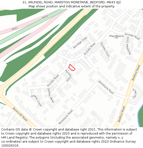 31, ARUNDEL ROAD, MARSTON MORETAINE, BEDFORD, MK43 0JZ: Location map and indicative extent of plot