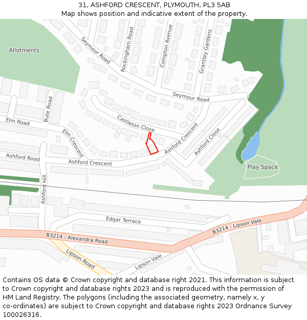 31, ASHFORD CRESCENT, PLYMOUTH, PL3 5AB: Location map and indicative extent of plot
