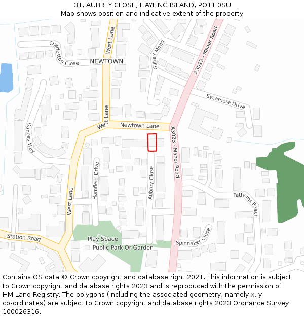 31, AUBREY CLOSE, HAYLING ISLAND, PO11 0SU: Location map and indicative extent of plot